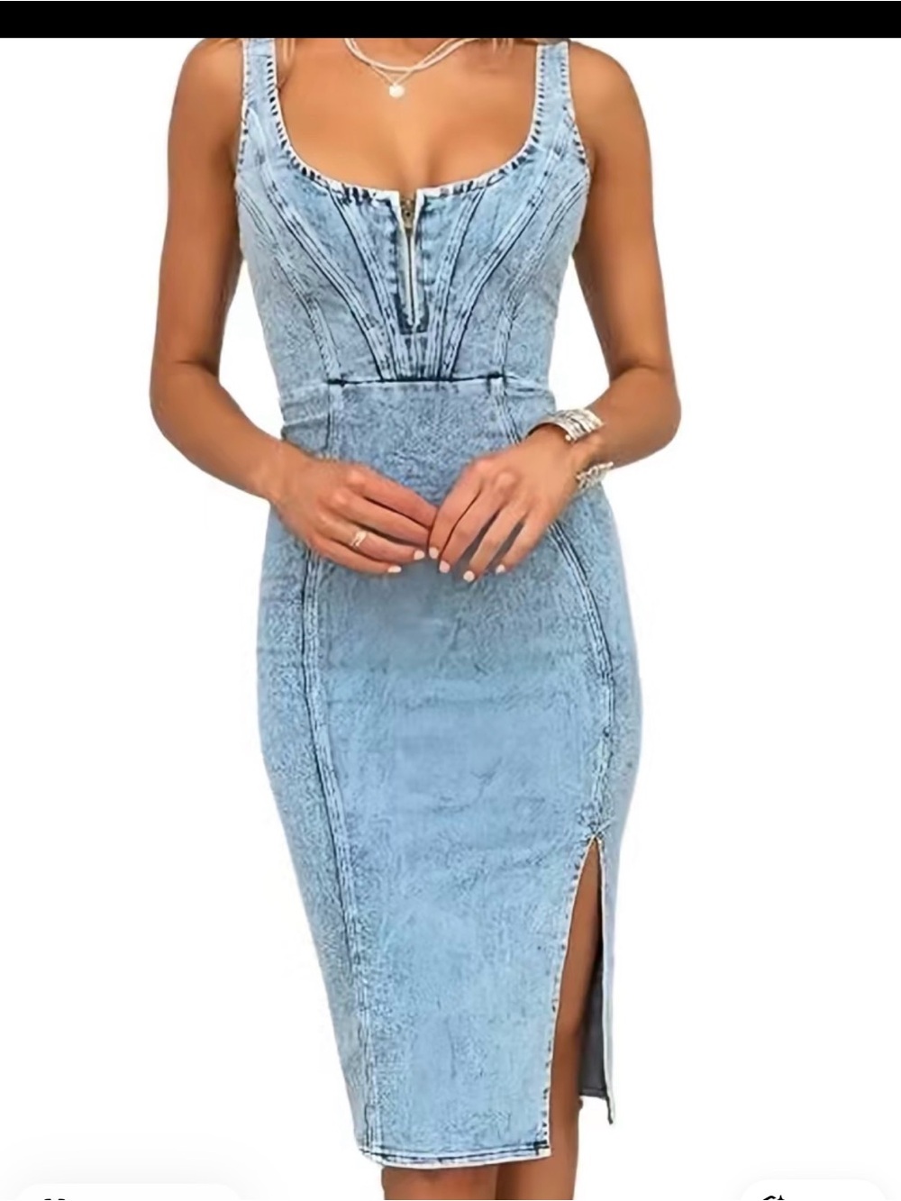 NWT Sleek Light Blue Denim-Effect Bodycon Dress with Side Slit